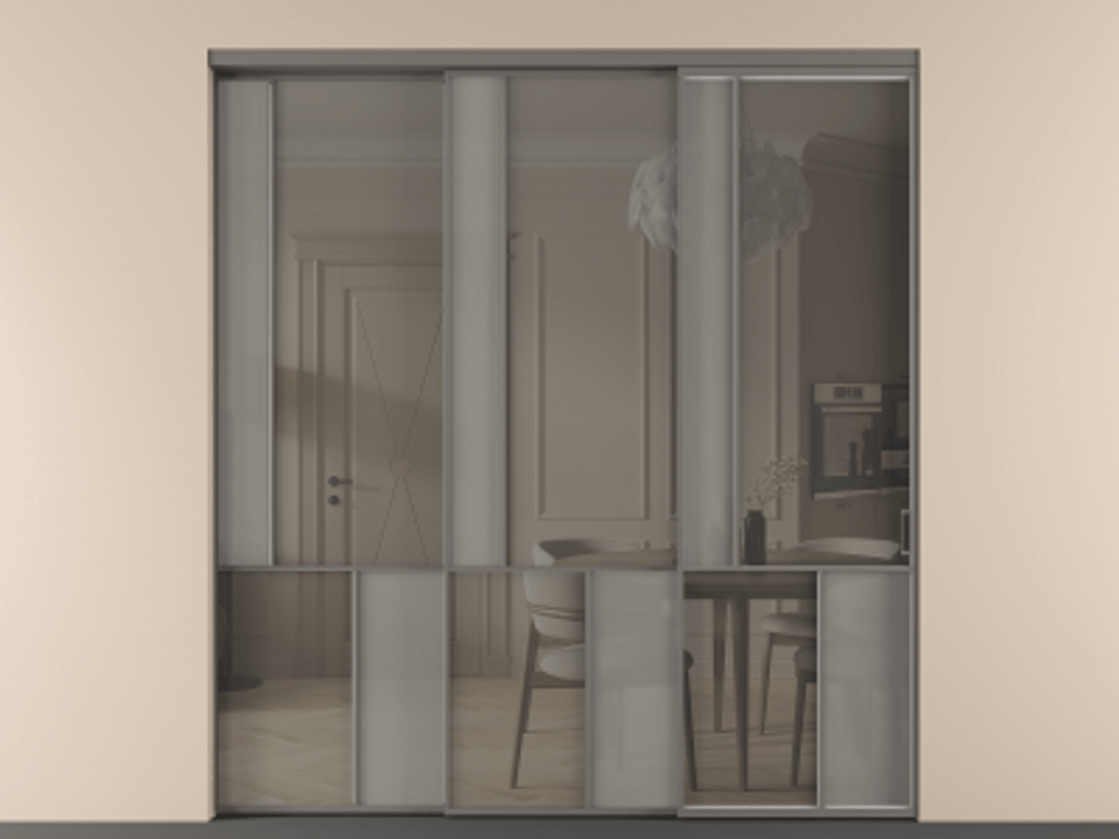 Перегородка Мозаик внутри проёма 3 створки с синхронным механизмом АЛПР 041.20  Алюминий классический серый Сатинированное серое стекло, триплекс, 6 мм + Прозрачное серое стекло, триплекс Цена 437390 ₽ | Volhovec