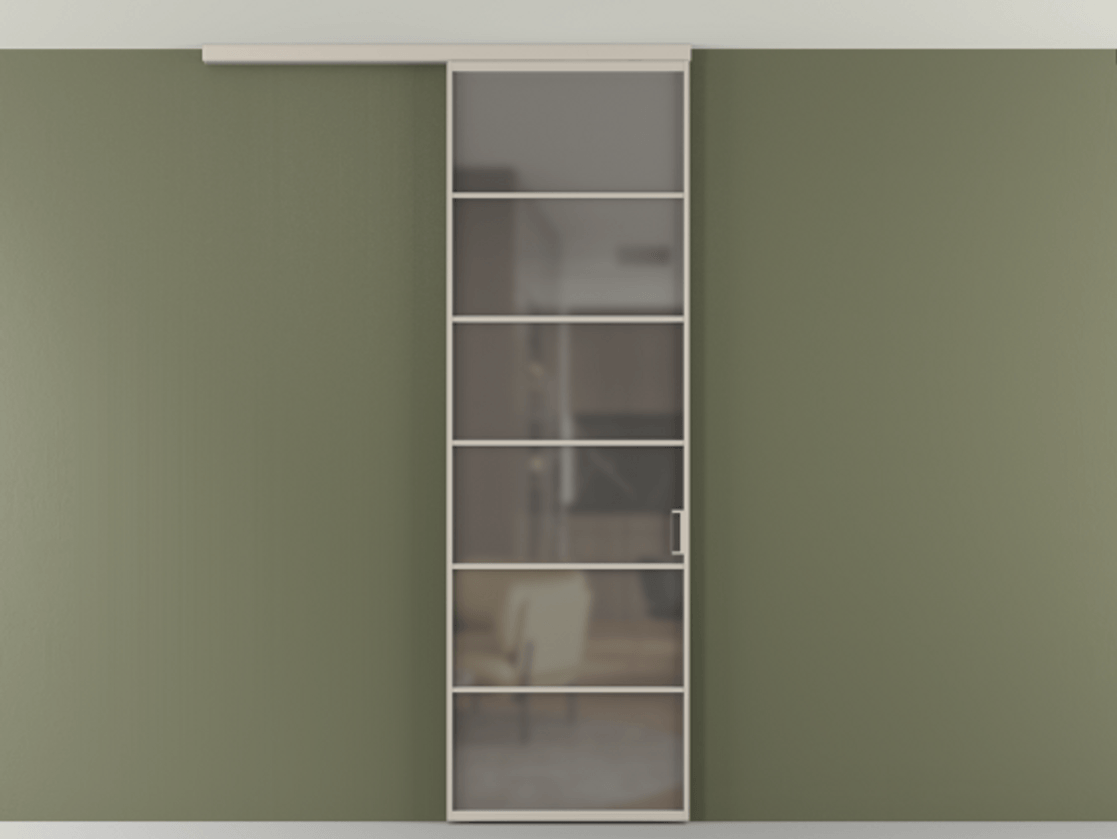 Перегородка Формато вдоль стены на потолок 1 створка АЛПР 040.04 Алюминий светло-бежевый Сатинированное серое стекло, триплекс Цена 107852 ₽ | Volhovec