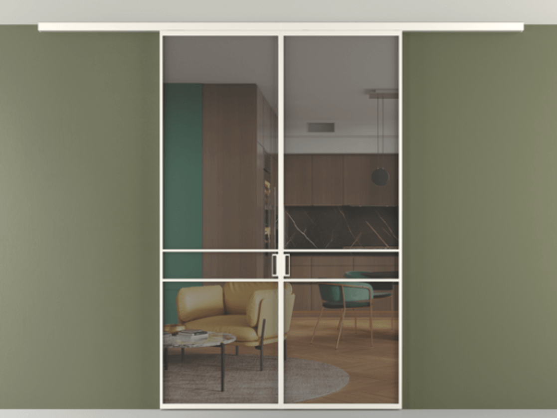 Перегородка Формато вдоль стены на потолок 2 створки АЛПР 040.02 Алюминий пудровый белый Прозрачное серое стекло, триплекс Цена 227920 ₽ | Volhovec