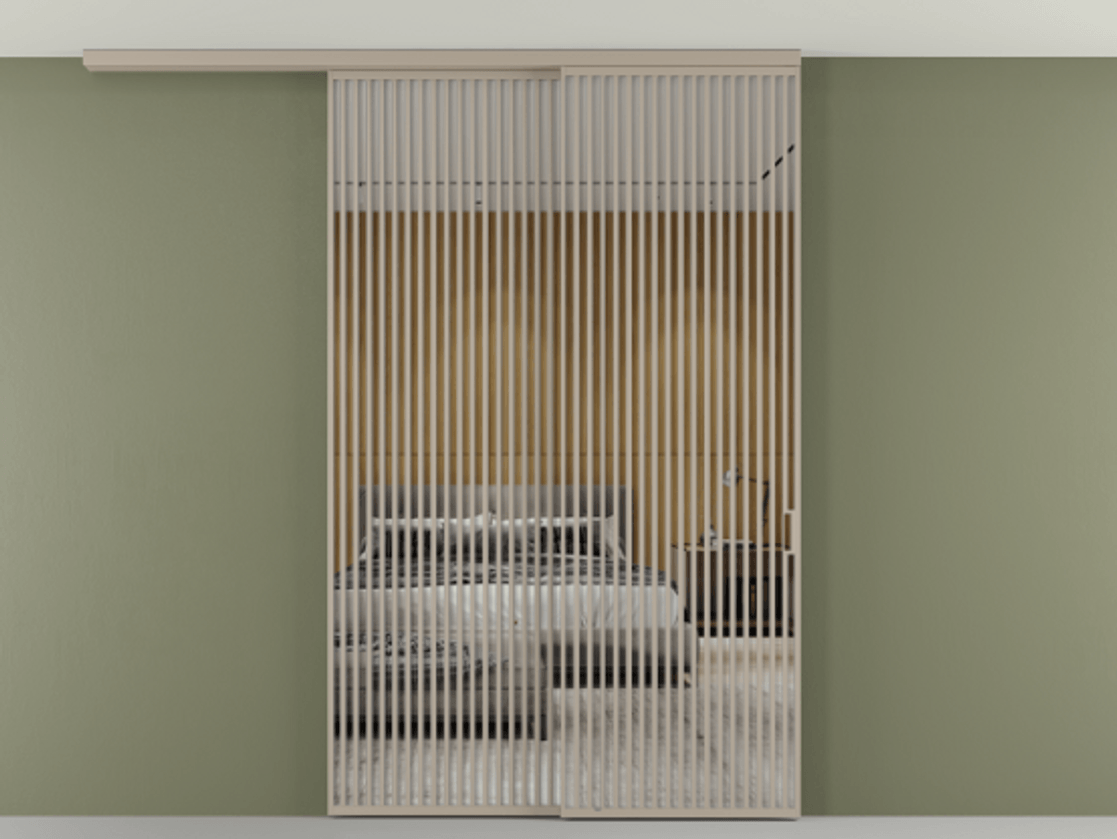 Перегородка Формато вдоль стены на потолок 2 створки с синхронным механизмом АЛПР 040.06 Алюминий бисквитный Двустороннее зеркало, триплекс , триплекс 6 мм Цена 450456 ₽ | Volhovec