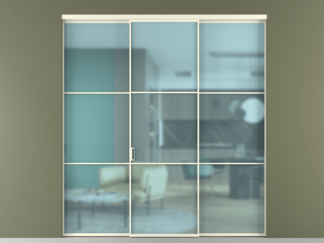 Перегородка Формато внутри проёма 3 створки АЛПР 040.03 Алюминий молочно-белый Сатинированное голубое стекло, триплекс Цена 237275 ₽ | Volhovec
