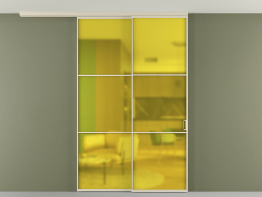 Перегородка Formato вдоль стены на потолок телескопик синхро 2 АЛПР 040.03 Алюминий бежево-серый Сатинированное жёлтое стекло, триплекс Цена 285780 ₽ | Volhovec