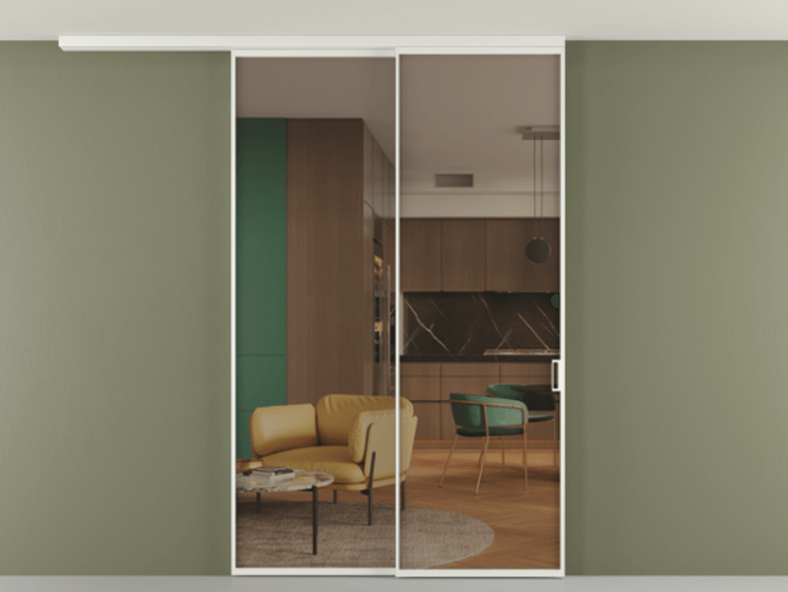 Перегородка Формато вдоль стены на потолок 2 створки с синхронным механизмом АЛПР 040.01 Алюминий светло-серый Прозрачное бронзовое стекло, триплекс Цена 268472 ₽ | Volhovec