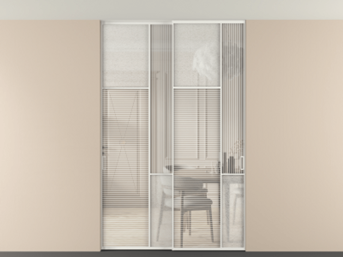 Перегородка Мозаик внутри проёма скрытое крепление в потолок 2 створки АЛПР 041.10 Алюминий светло-серый Рифлёное стекло "Дюна", триплекс, 6 мм + Фактурное стекло "Лёд", триплекс Цена 340580 ₽ | Volhovec