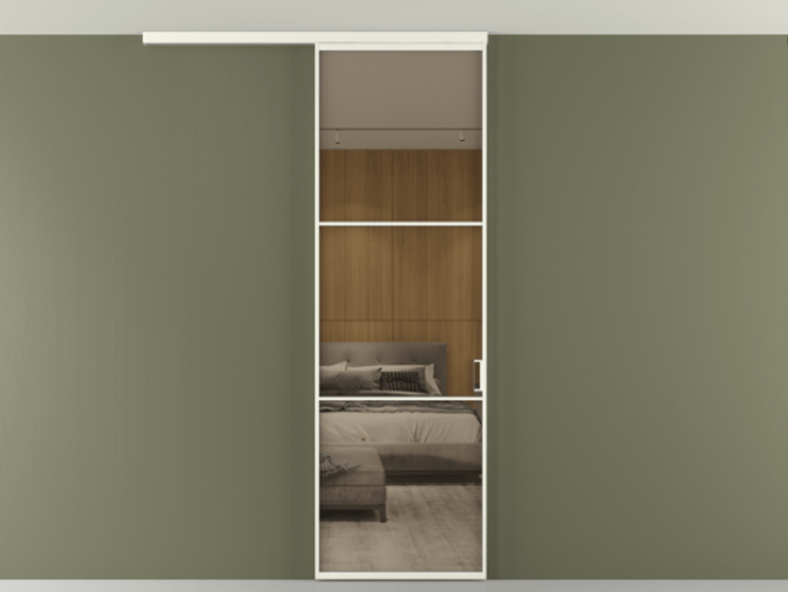 Перегородка Формато вдоль стены на потолок 1 створка АЛПР 040.03 Алюминий жемчужный Рефлективное бронзовое стекло "Стопсол", калёное Цена 107388 ₽ | Volhovec