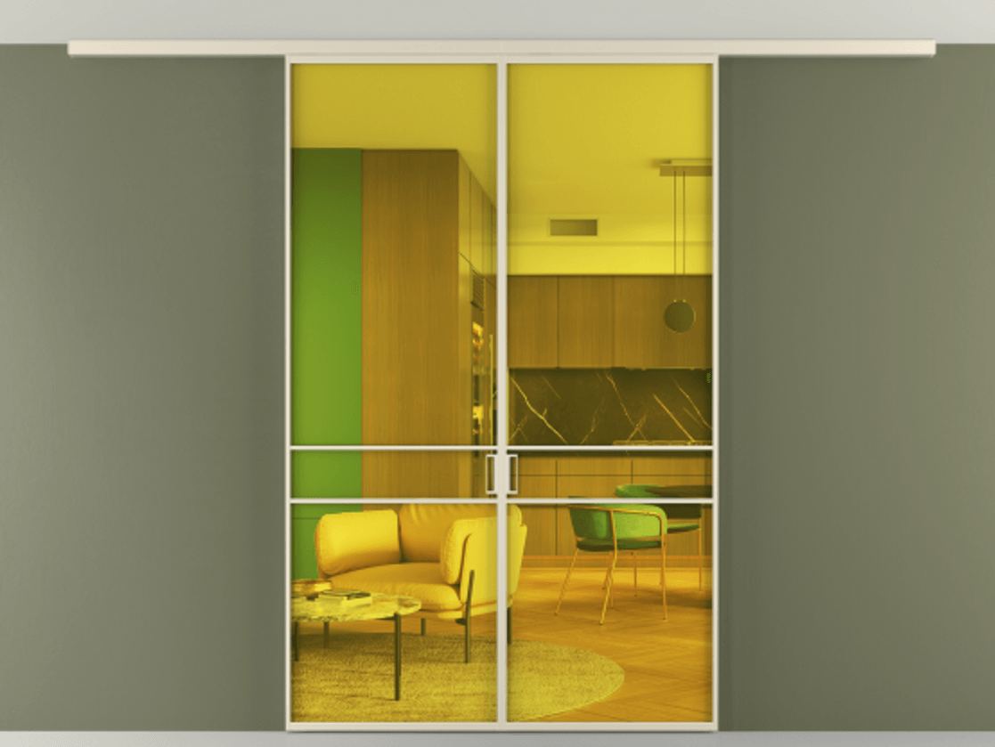 Перегородка Формато вдоль стены на потолок 2 створки АЛПР 040.02 Алюминий бежево-серый Прозрачное жёлтое стекло, триплекс Цена 186615 ₽ | Volhovec