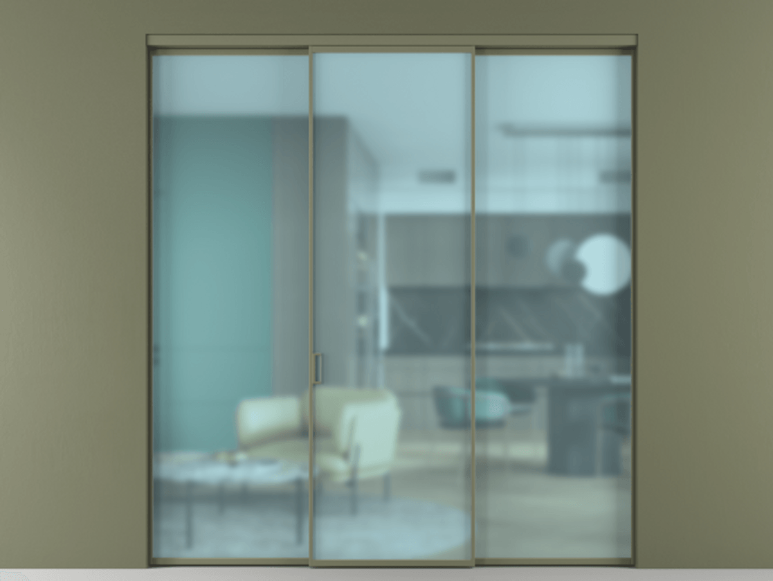 Перегородка Formato внутри проёма 3 створки АЛПР 040.01 Алюминий оливковый тёмный Сатинированное голубое стекло, триплекс Цена 235580 ₽ | Volhovec