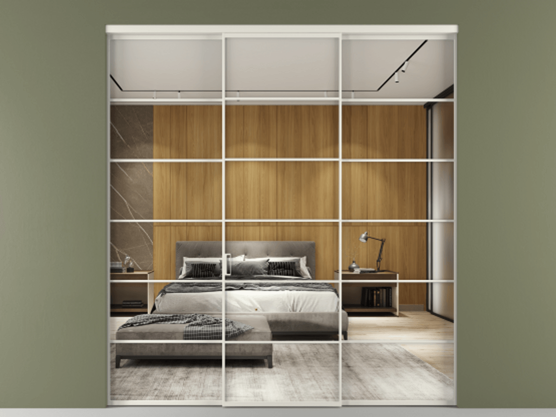 Перегородка Formato внутри проёма 3 створки АЛПР 040.04 Алюминий Белый Двустороннее зеркало, триплекс , триплекс 6 мм Цена 244625 ₽ | Volhovec