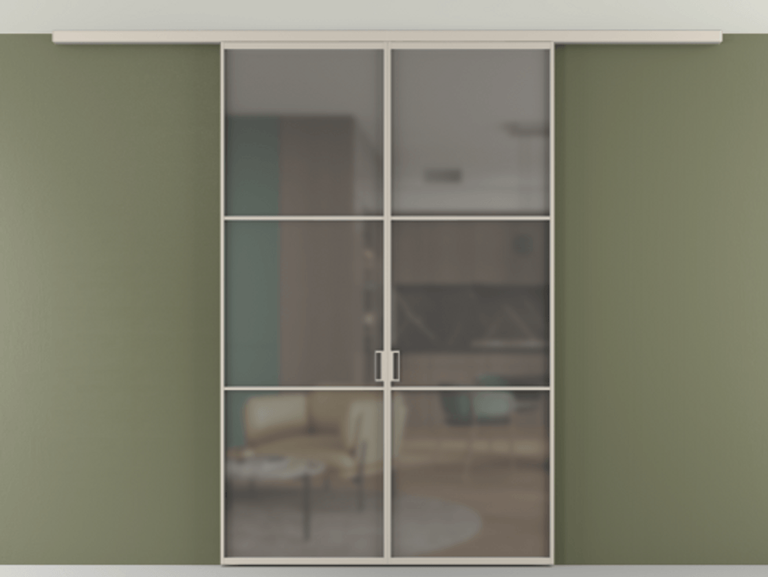 Перегородка Формато вдоль стены на потолок 2 створки АЛПР 040.03 Алюминий светло-бежевый Сатинированное серое стекло, триплекс Цена 227920 ₽ | Volhovec