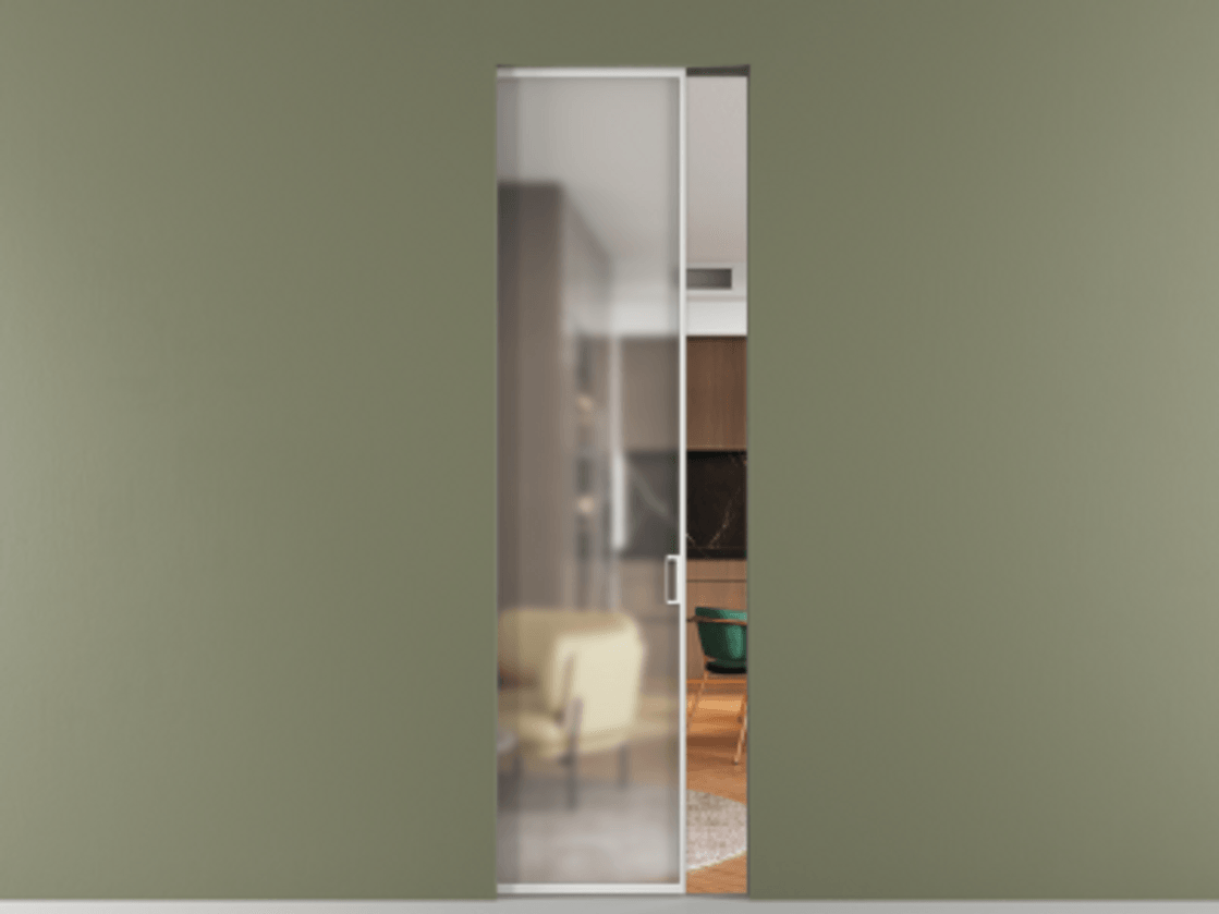 Перегородка Формато скрытый пенал 1 створка АЛПР 040.01 Алюминий белоснежный Сатинированное стекло "Мателюкс Кристал Вижн", калёное, матовое, каленое 6 мм Цена 157460 ₽ | Volhovec