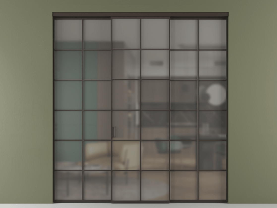 Перегородка Formato внутри проёма 3 створки АЛПР 040.05 Алюминий антрацит Сатинированное серое стекло, триплекс Цена 254825 ₽ | Volhovec