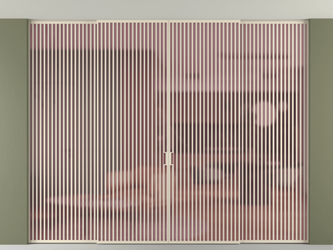 Перегородка Formato внутри проёма скрытое крепление в потолок 4 створки АЛПР 040.06 Алюминий бежево-серый Сатинированное розовое стекло, триплекс Цена 954340 ₽ | Volhovec