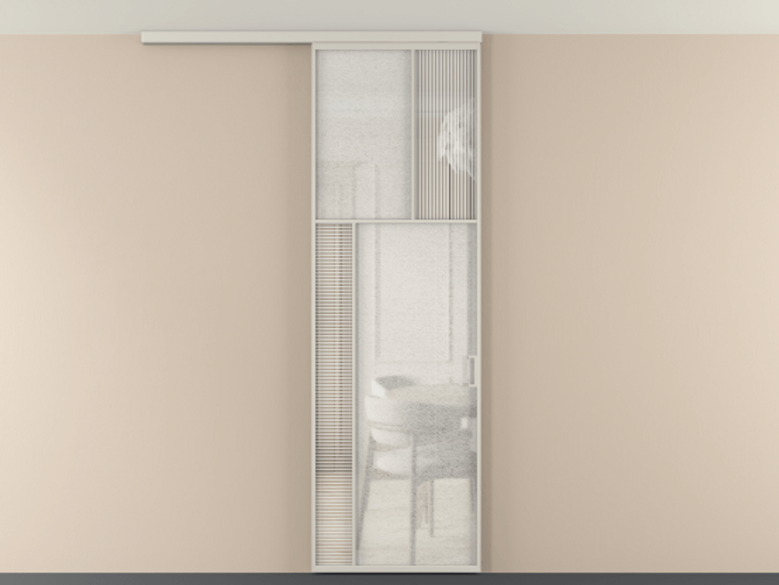 Перегородка Мозаик вдоль стены на потолок 1 створка АЛПР 041.22 Алюминий облачно-серый Рифлёное стекло "Дюна", триплекс, 6 мм + Фактурное стекло "Лёд", триплекс Цена 143040 ₽ | Volhovec