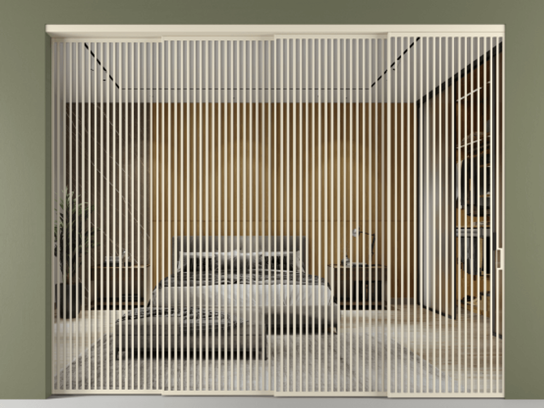 Перегородка Формато внутри проёма 4 створки с синхронным механизмом АЛПР 040.06 Алюминий бежево-серый Двустороннее зеркало, триплекс , триплекс 6 мм Цена 777320 ₽ | Volhovec