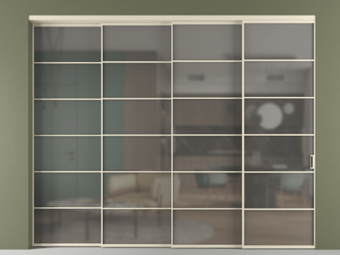 Перегородка Формато внутри проёма 4 створки с синхронным механизмом АЛПР 040.04 Алюминий бежево-серый Сатинированное серое стекло, триплекс Цена 488680 ₽ | Volhovec