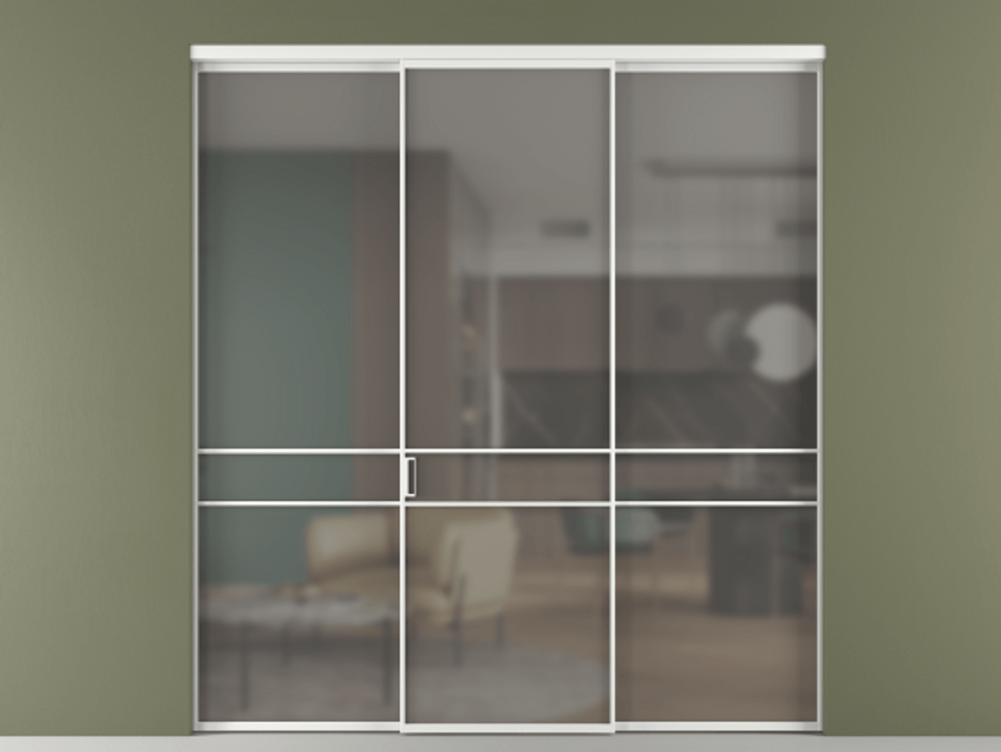 Перегородка Формато внутри проёма 3 створки АЛПР 040.02 Алюминий белоснежный Сатинированное серое стекло, триплекс Цена 237275 ₽ | Volhovec