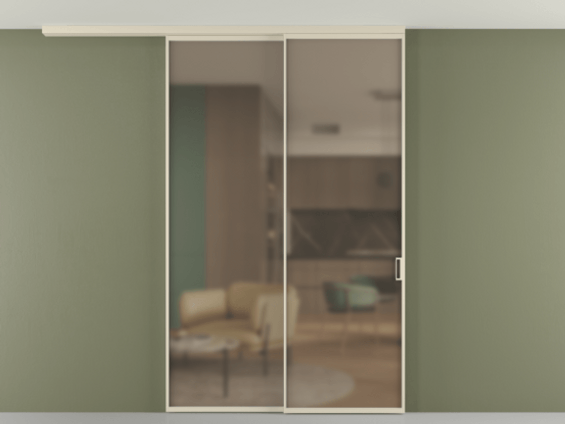 Перегородка Формато вдоль стены на потолок 2 створки с синхронным механизмом АЛПР 040.01 Алюминий бежево-серый Сатинированное бронзовое стекло, триплекс Цена 268472 ₽ | Volhovec