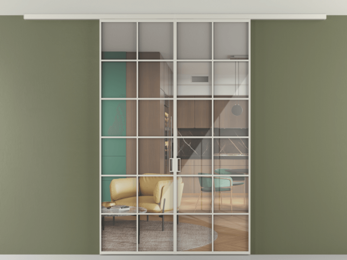 Перегородка Формато вдоль стены на потолок 2 створки АЛПР 040.05 Алюминий тёплый серый Рефлективное прозрачное стекло "Стопсол", калёное Цена 261080 ₽ | Volhovec