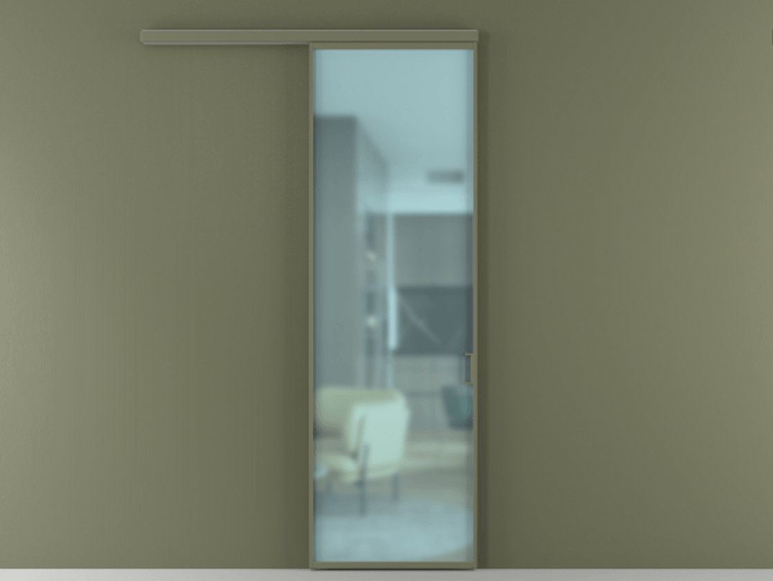 Перегородка Formato вдоль стены 1 створка АЛПР 040.01 Алюминий оливковый тёмный Сатинированное голубое стекло, триплекс Цена 101760 ₽  | Volhovec