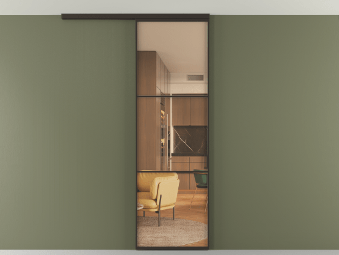 Перегородка Формато вдоль стены на потолок 1 створка АЛПР 040.03 Алюминий антрацит Прозрачное оранжевое стекло, триплекс Цена 96858 ₽ | Volhovec