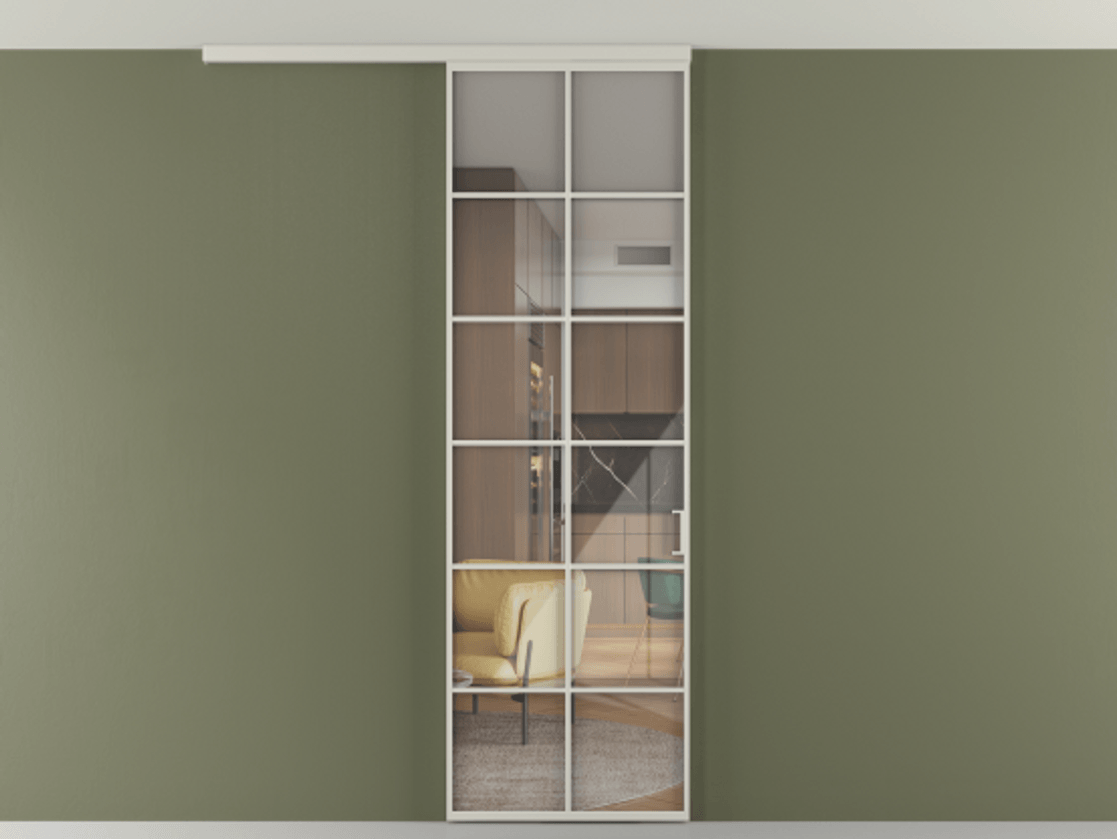 Перегородка Формато вдоль стены на потолок 1 створка АЛПР 040.05 Алюминий тёплый серый Рефлективное прозрачное стекло "Стопсол", калёное Цена 134090 ₽ | Volhovec