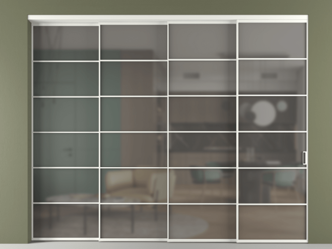 Перегородка Формато внутри проёма 4 створки с синхронным механизмом АЛПР 040.04 Алюминий светло-серый Сатинированное серое стекло, триплекс Цена 537550 ₽ | Volhovec