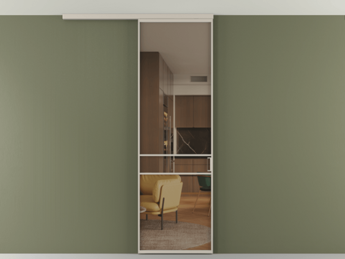 Перегородка Formato вдоль стены на потолок 1 створка АЛПР 040.02 Алюминий светло-бежевый Прозрачное бронзовое стекло, триплекс Цена 96858 ₽ | Volhovec