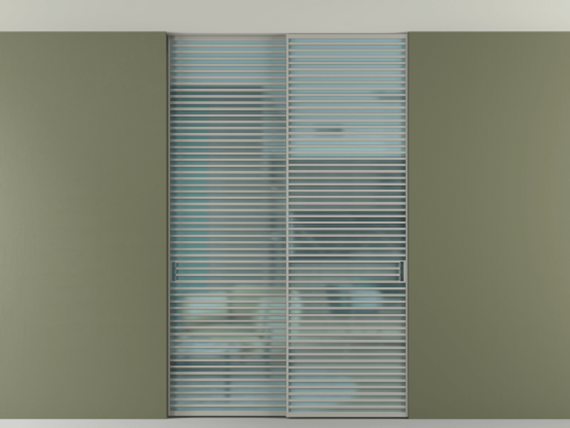 Перегородка Formato внутри проёма скрытое крепление в потолок 2 створки АЛПР 040.07 Алюминий нейтральный серый Сатинированное голубое стекло, триплекс Цена 409915 ₽ | Volhovec