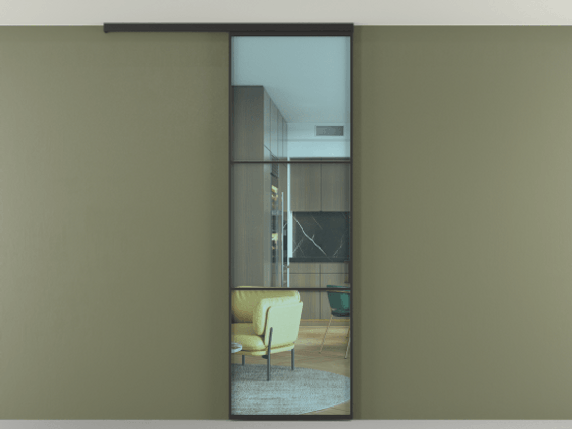 Перегородка Formato вдоль стены на потолок 1 створка АЛПР 040.03 Алюминий Черный Прозрачное голубое стекло, триплекс Цена 97120 ₽ | Volhovec