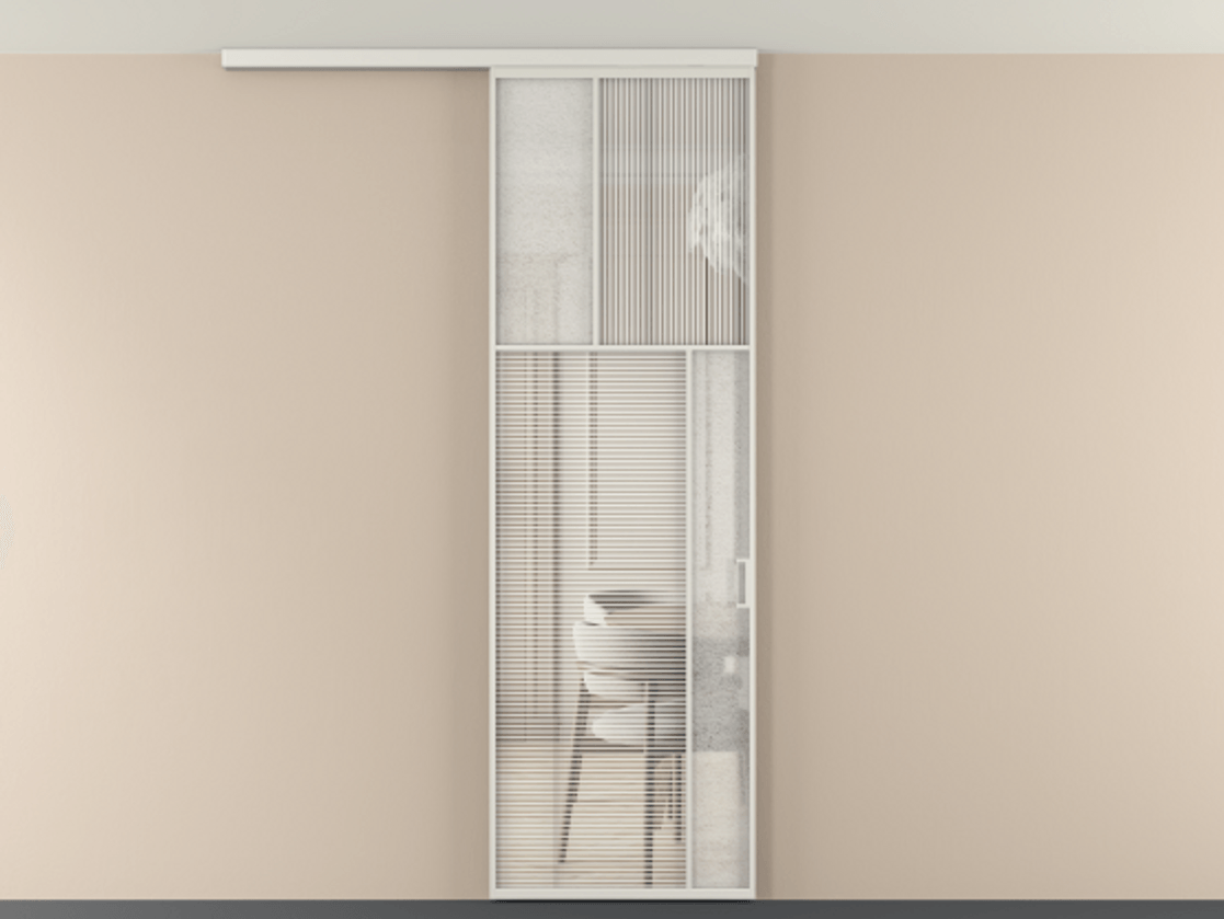 Перегородка Мозаик вдоль стены на потолок 1 створка АЛПР 041.23 Алюминий серый Рифлёное стекло "Дюна", триплекс, 6 мм + Фактурное стекло "Лёд", триплекс Цена 143040 ₽ | Volhovec