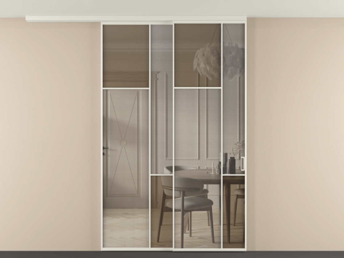 Перегородка Mosaic вдоль стены телескопик синхро-2 АЛПР 041.10 Алюминий Белый Mesh silver + Бронза прозрачное триплекс Цена 300160 ₽ | Volhovec