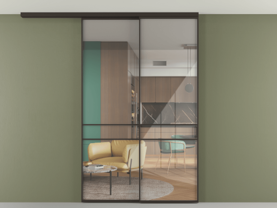 Перегородка Формато вдоль стены на потолок 2 створки с синхронным механизмом АЛПР 040.02 Алюминий антрацит Рефлективное прозрачное стекло "Стопсол", калёное Цена 290776 ₽ | Volhovec