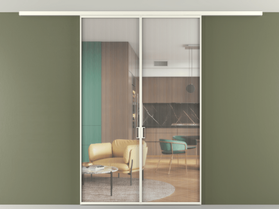 Перегородка Формато вдоль стены на потолок 2 створки АЛПР 040.01 Алюминий жемчужный Рифлёное стекло "Мору", триплекс Цена 198172 ₽ | Volhovec