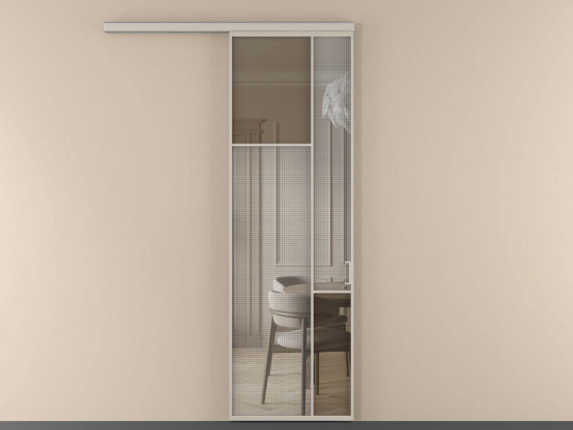 Перегородка Mosaic вдоль стены 1 створка АЛПР 041.10 Алюминий светло-бежевый Декоративное стекло с сеткой "Mesh silver", триплекс, 6 мм + Прозрачное бронзовое стекло, триплекс Цена 143030 ₽ | Volhovec