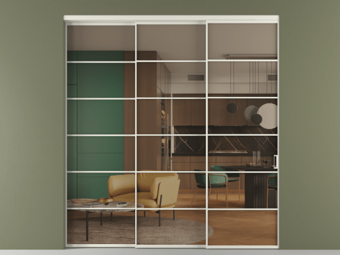 Перегородка Formato внутри проёма телескопик синхро 2 АЛПР 040.04 Алюминий Белый Прозрачное бронзовое стекло, триплекс Цена 346360 ₽  | Volhovec