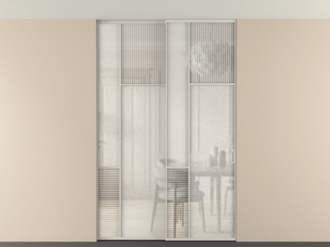 Перегородка Мозаик внутри проёма скрытое крепление в потолок 2 створки АЛПР 041.11 Алюминий тёплый серый Рифлёное стекло "Дюна", триплекс, 6 мм + Фактурное стекло "Лёд", триплекс Цена 340580 ₽ | Volhovec