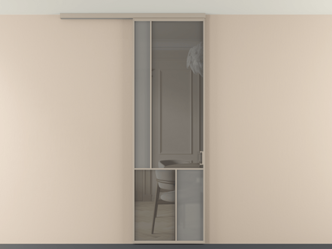 Перегородка Мозаик вдоль стены на потолок 1 створка АЛПР 041.20 Алюминий бисквитный Сатинированное серое стекло, триплекс, 6 мм + Прозрачное серое стекло, триплекс Цена 135040 ₽ | Volhovec