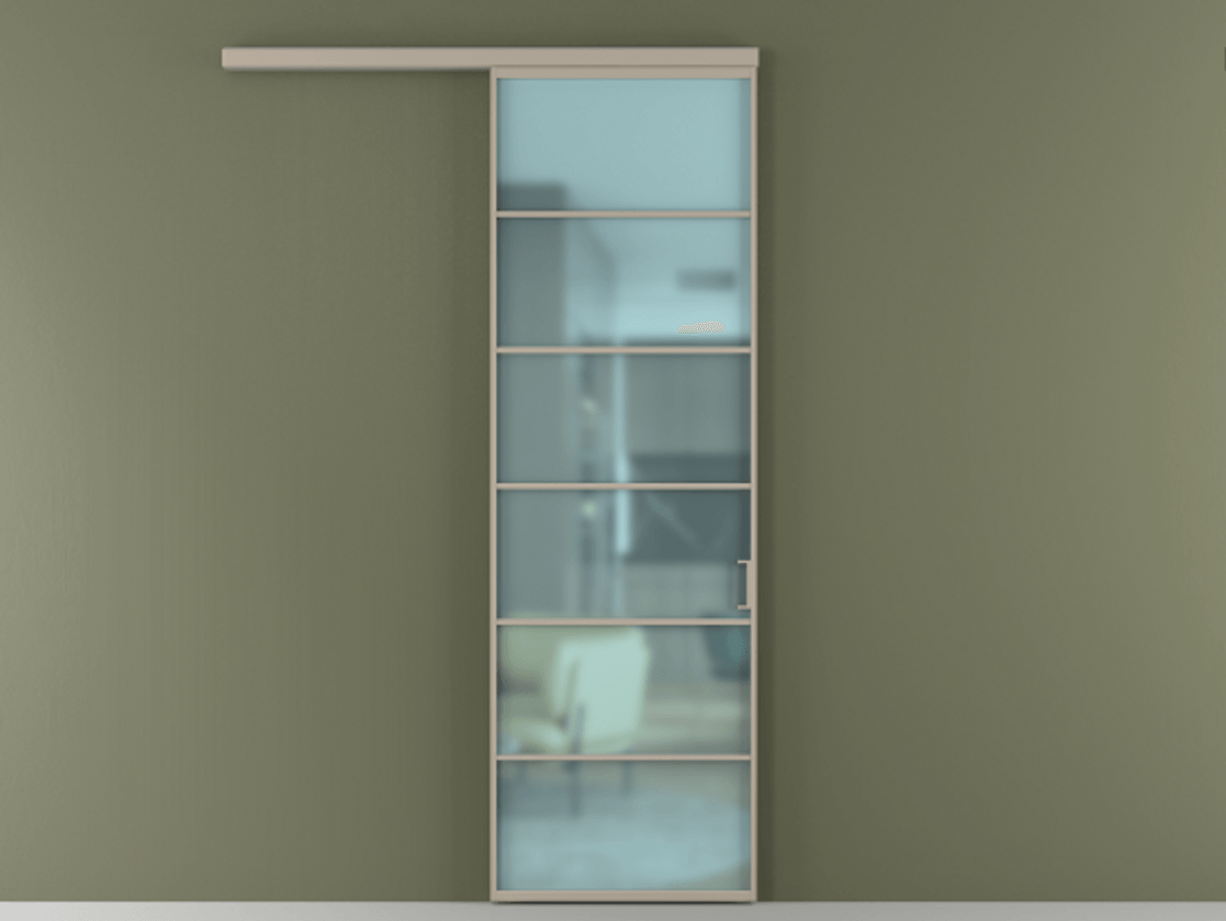 Перегородка Формато вдоль стены 1 створка АЛПР 040.04 Алюминий бисквитный Сатинированное голубое стекло, триплекс Цена 112320 ₽  | Volhovec