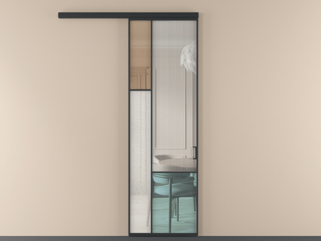 Перегородка Mosaic вдоль стены 1 створка АЛПР 041.13 Алюминий Черный Комбинация стекол Группы 1 и Группы 3 Цена 137390 ₽ | Volhovec