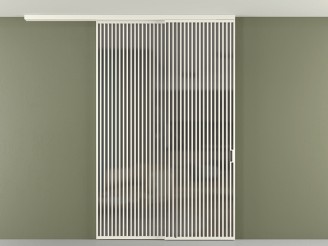 Перегородка Формато вдоль стены на потолок 2 створки с синхронным механизмом АЛПР 040.06 Алюминий жемчужный Сатинированное серое стекло, триплекс Цена 450456 ₽ | Volhovec