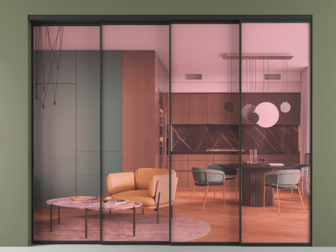 Перегородка Formato внутри проёма телескопик синхро 3 АЛПР 040.01 Алюминий Черный Прозрачное розовое стекло, триплекс Цена 2869300 AMD | Volhovec