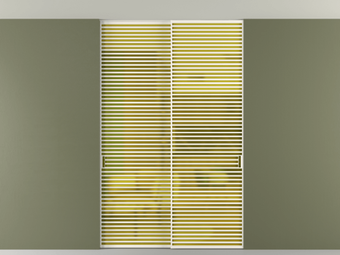 Перегородка Формато внутри проёма скрытое крепление в потолок 2 створки АЛПР 040.07 Алюминий пудровый белый Сатинированное жёлтое стекло, триплекс Цена 409915 ₽ | Volhovec