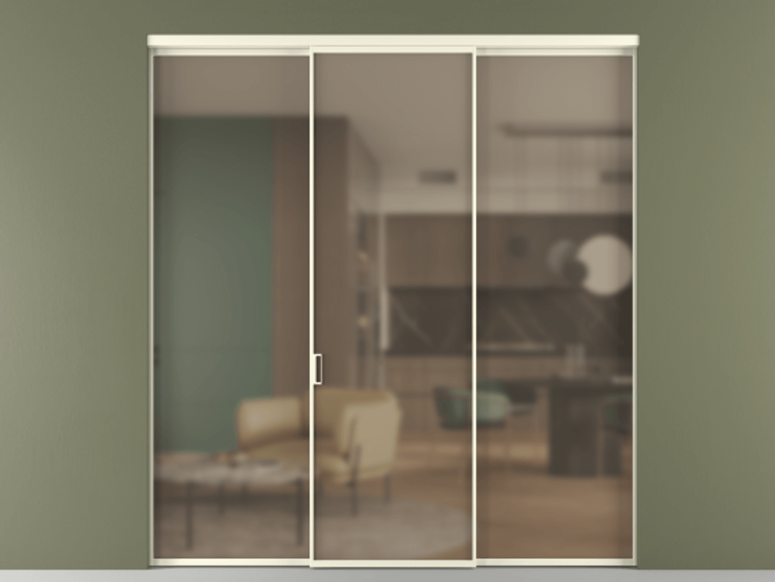 Перегородка Formato внутри проёма 3 створки АЛПР 040.01 Алюминий молочно-белый Сатинированное бронзовое стекло, триплекс Цена 225125 ₽ | Volhovec