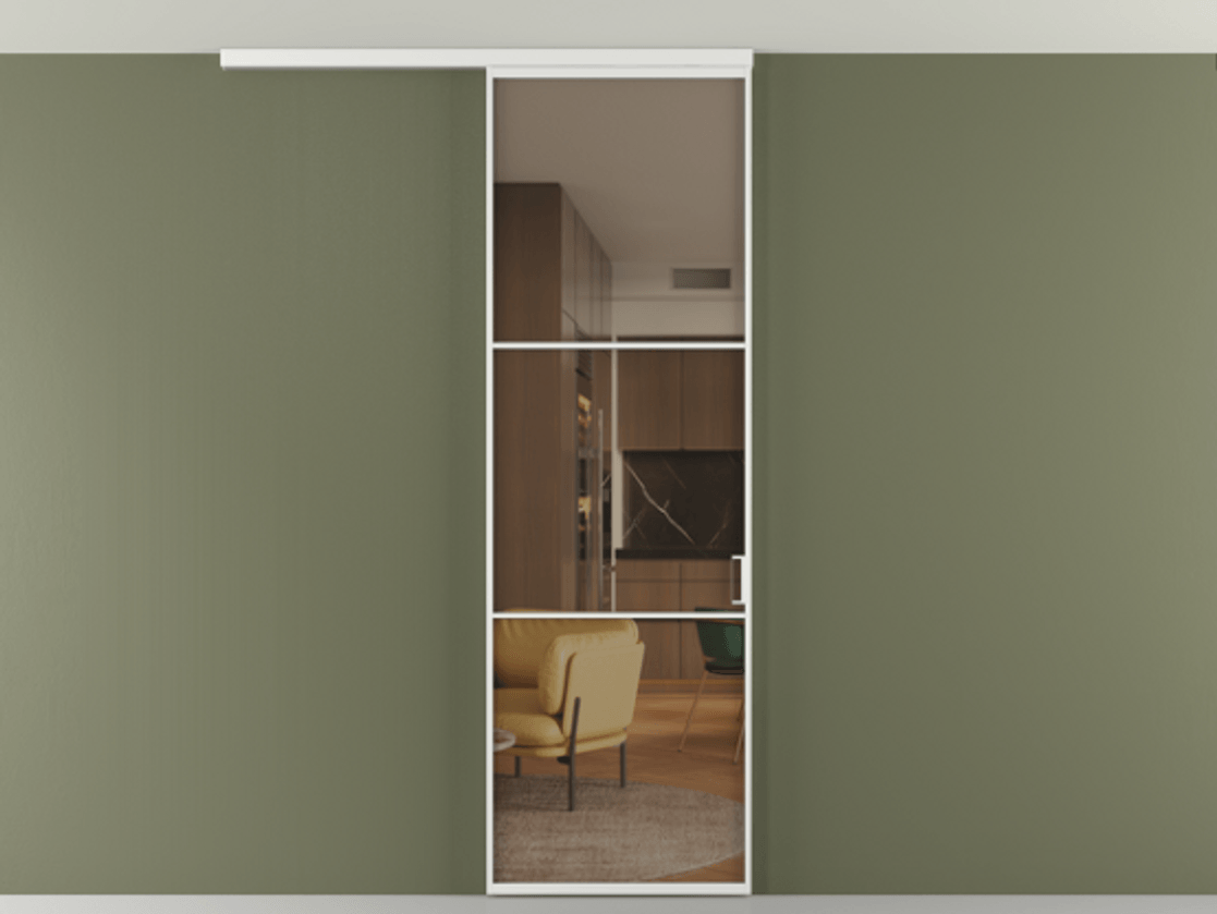 Перегородка Формато вдоль стены на потолок 1 створка АЛПР 040.03 Алюминий белоснежный Прозрачное бронзовое стекло, триплекс Цена 96858 ₽ | Volhovec