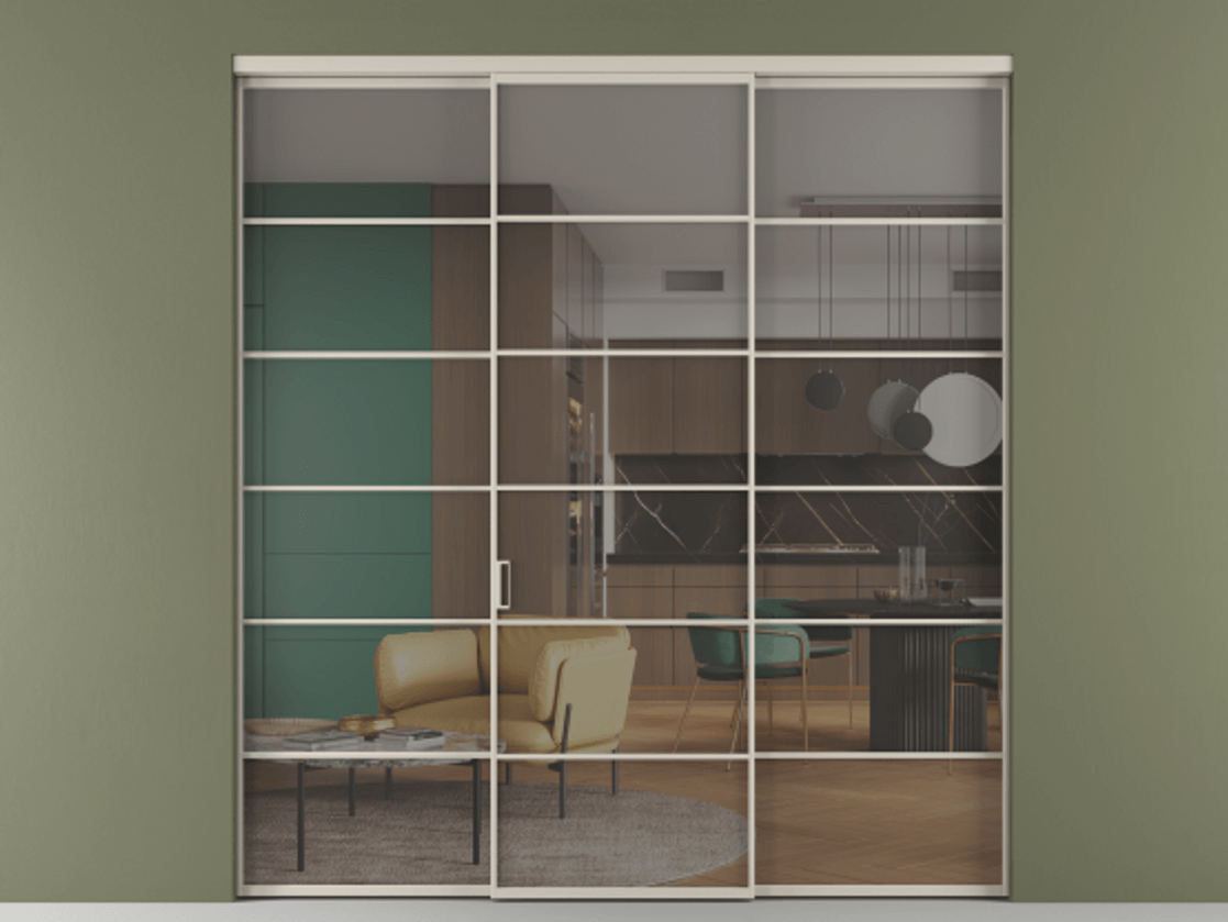 Перегородка Формато внутри проёма 3 створки АЛПР 040.04 Алюминий светло-бежевый Прозрачное серое стекло, триплекс. Цена 254825 ₽ 1. Полотно 3 шт. (800/2100 мм)
2. Комплект установки раздвижной системы
3. Базовый комплект фурнитуры
4.Ручка Рондо. Фабрика дверей Волховец 8 (800) 551 43 19 Перегородка Формато внутри проёма 3 створки АЛПР 040.04 Алюминий светло-бежевый Прозрачное серое стекло, триплекс Цена 254825 ₽ | Volhovec