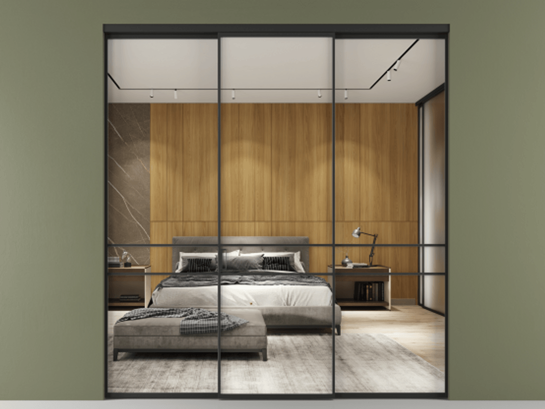 Перегородка Формато внутри проёма 3 створки АЛПР 040.02 Алюминий Черный Двустороннее зеркало, триплекс , триплекс 6 мм Цена 227975 ₽ | Volhovec