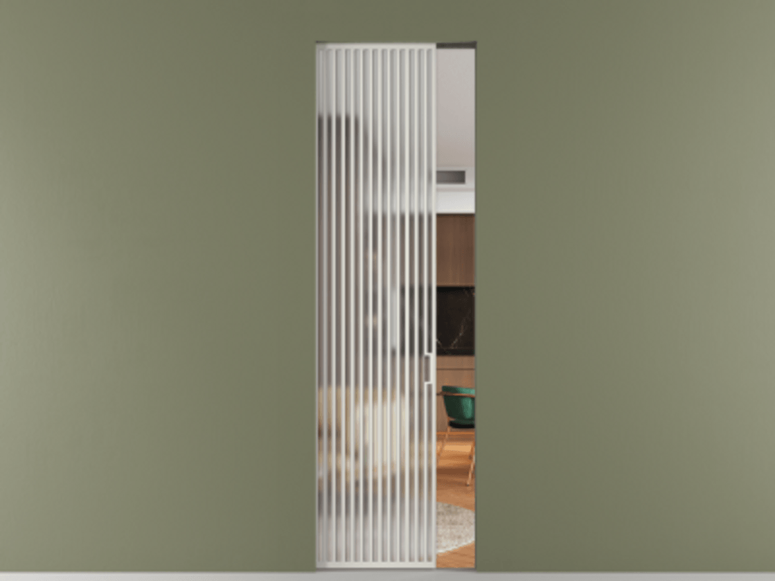 Перегородка Формато скрытый пенал 1 створка АЛПР 040.06 Алюминий Белый Сатинированное стекло "Мателюкс Кристал Вижн", калёное, матовое, каленое 6 мм Цена 233540 ₽ | Volhovec