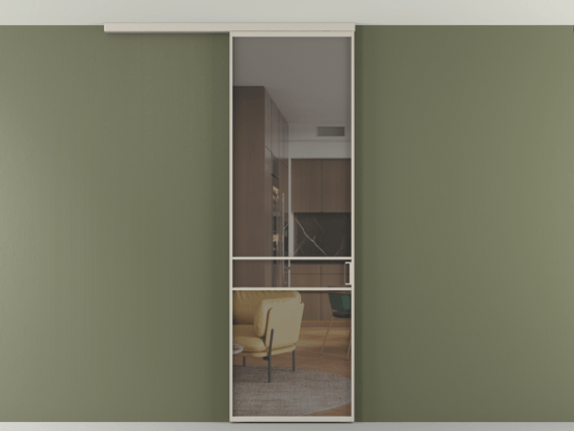 Перегородка Формато вдоль стены на потолок 1 створка АЛПР 040.02 Алюминий светло-бежевый Прозрачное серое стекло, триплекс Цена 96858 ₽ | Volhovec