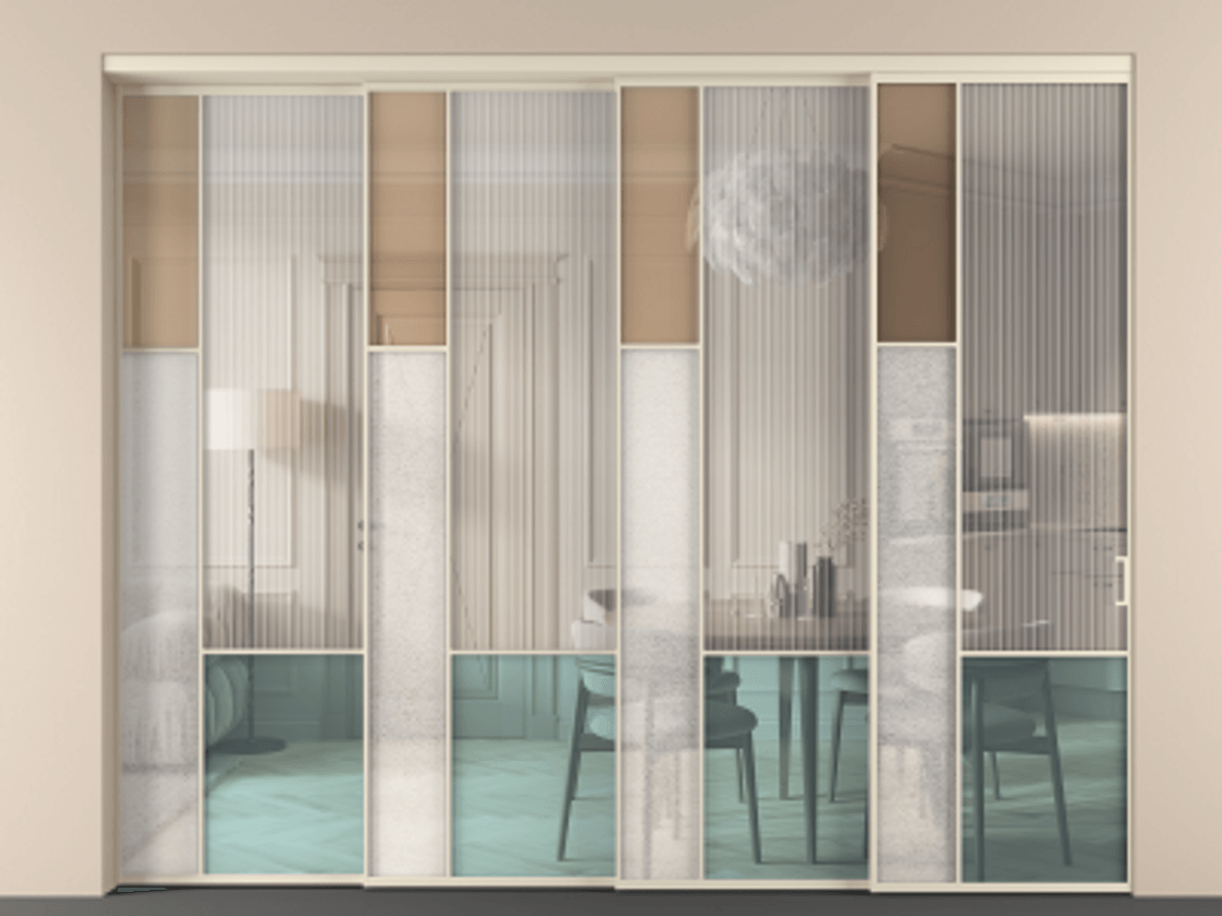 Перегородка Mosaic внутри проёма 4 створки с синхронным механизмом АЛПР 041.13 Алюминий бежево-серый Комбинация стекол Группы 1 и Группы 3 Цена 611520 ₽ | Volhovec