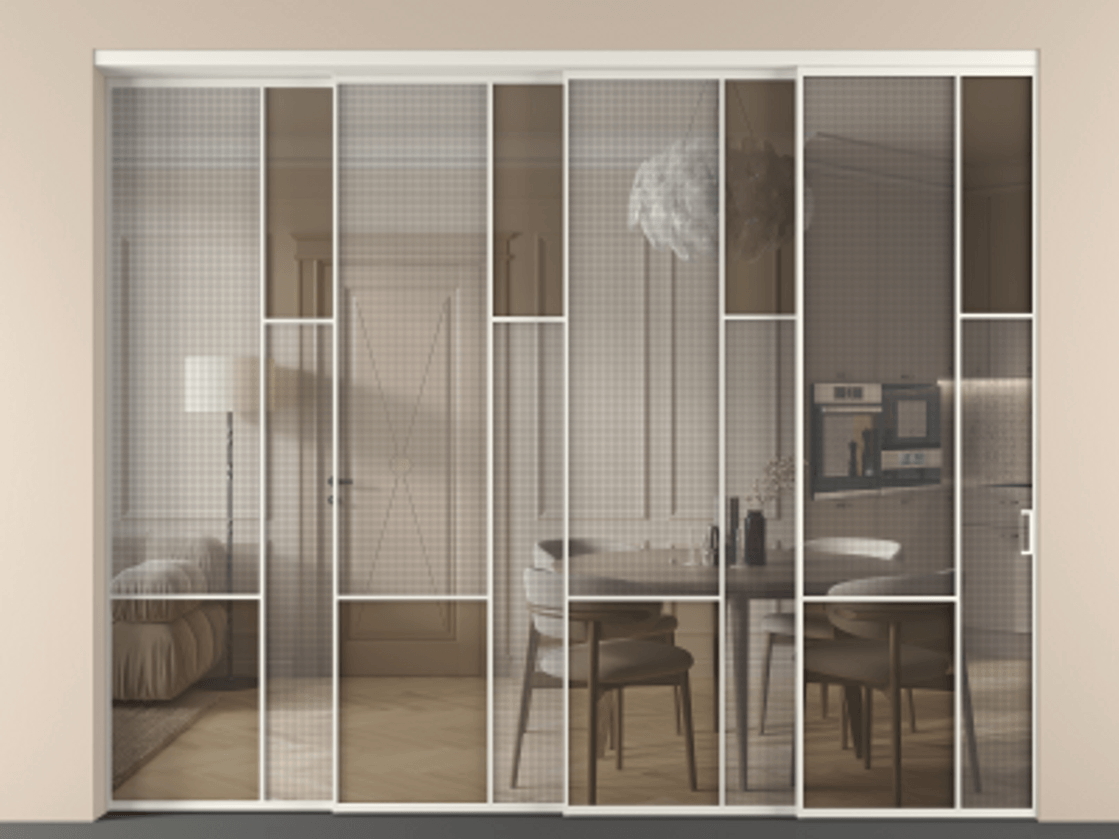 Перегородка Mosaic внутри проема телескопик синхро-4 АЛПР 041.12 Алюминий Белый Mesh silver + Бронза прозрачное триплекс Цена 542520 ₽ | Volhovec